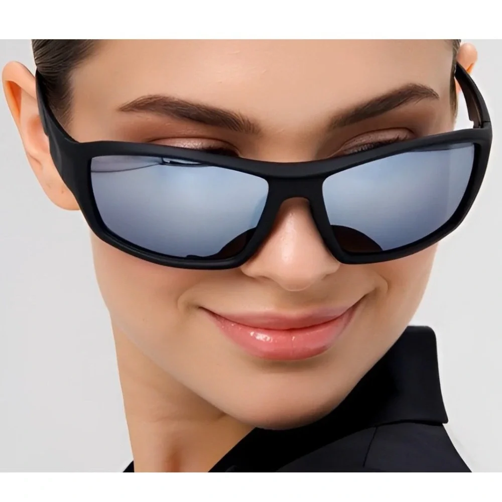 Sport Sunglasses Men Black Frame‎ Silver Mirror Lens Driving Fishing Golfing New